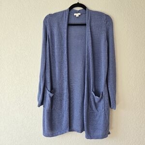JJill Blue Linen‎ Open Front Cardigan Sweater S Long Line slouchy pockets knit